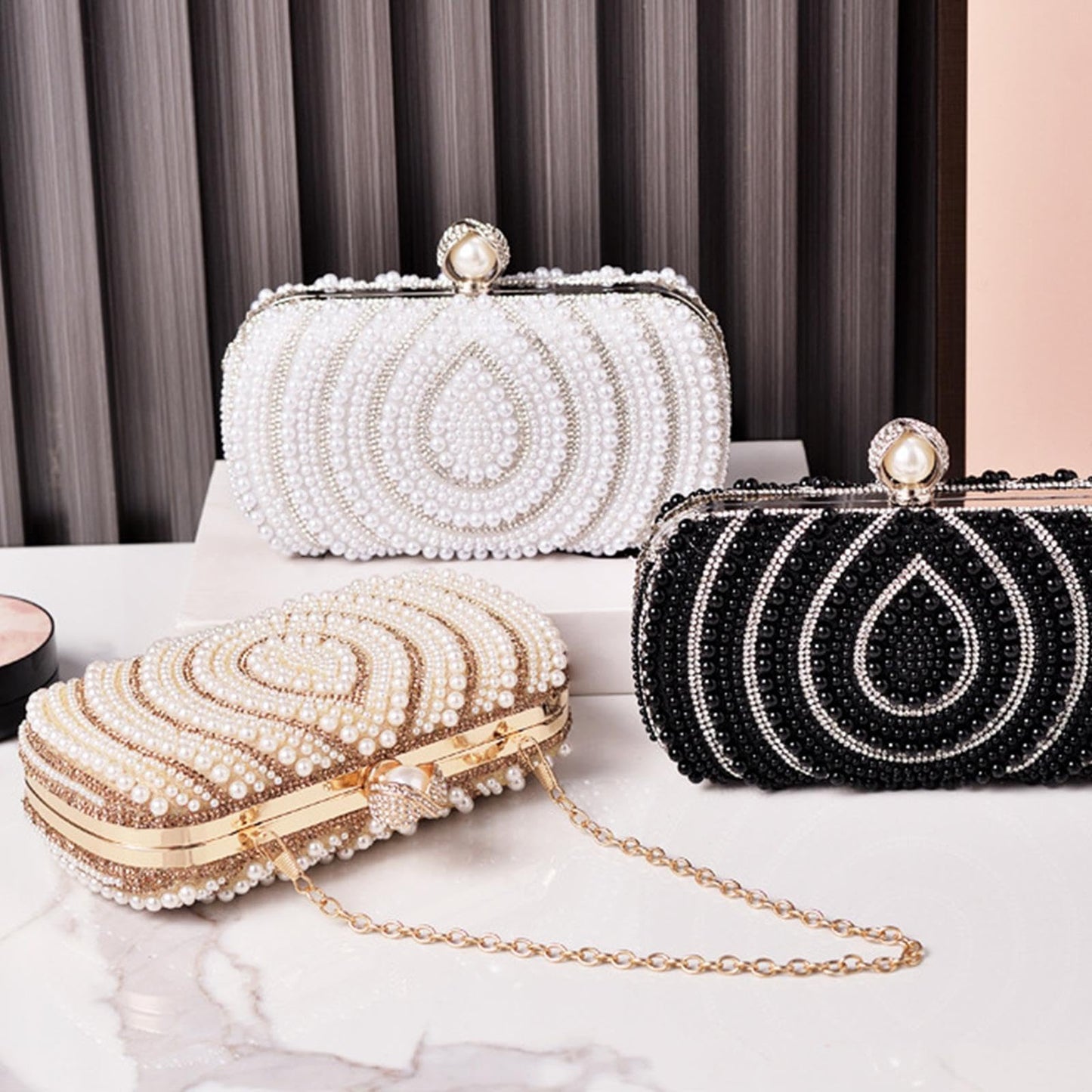 Enakshi® Evening Handbag Cocktail Lady Clutch Wallet Handbag with Chain Pearl Handbag beige|Clothing, Shoes & Accessories | Womens Handbags & Bags