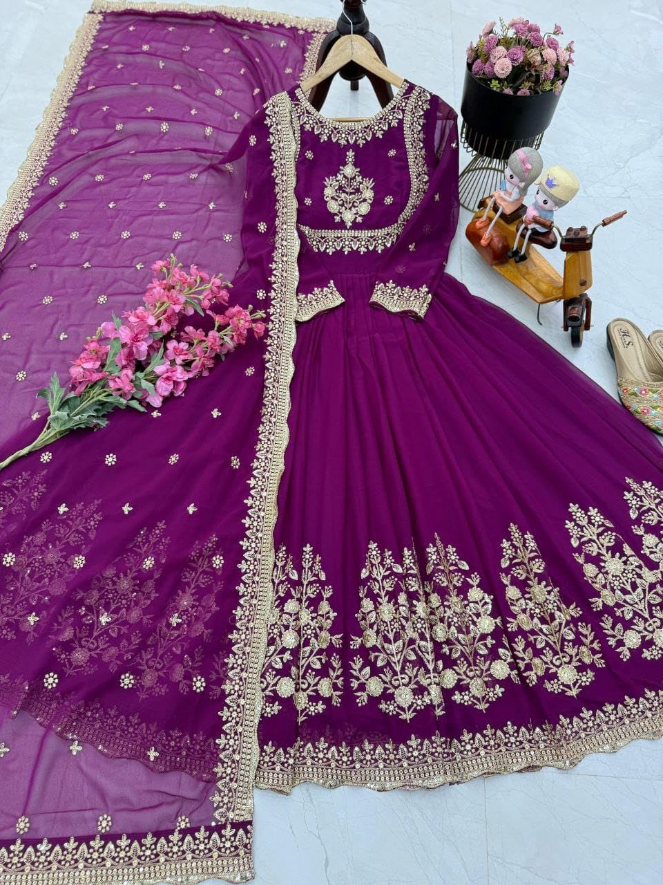 ANAGH APPARELS Premium Fox Georgette Anarkali Gown with Dupatta for Women | Embroidery Sequin Work | 3 Meter Flare | Full-Length 58” Ethnic Dress