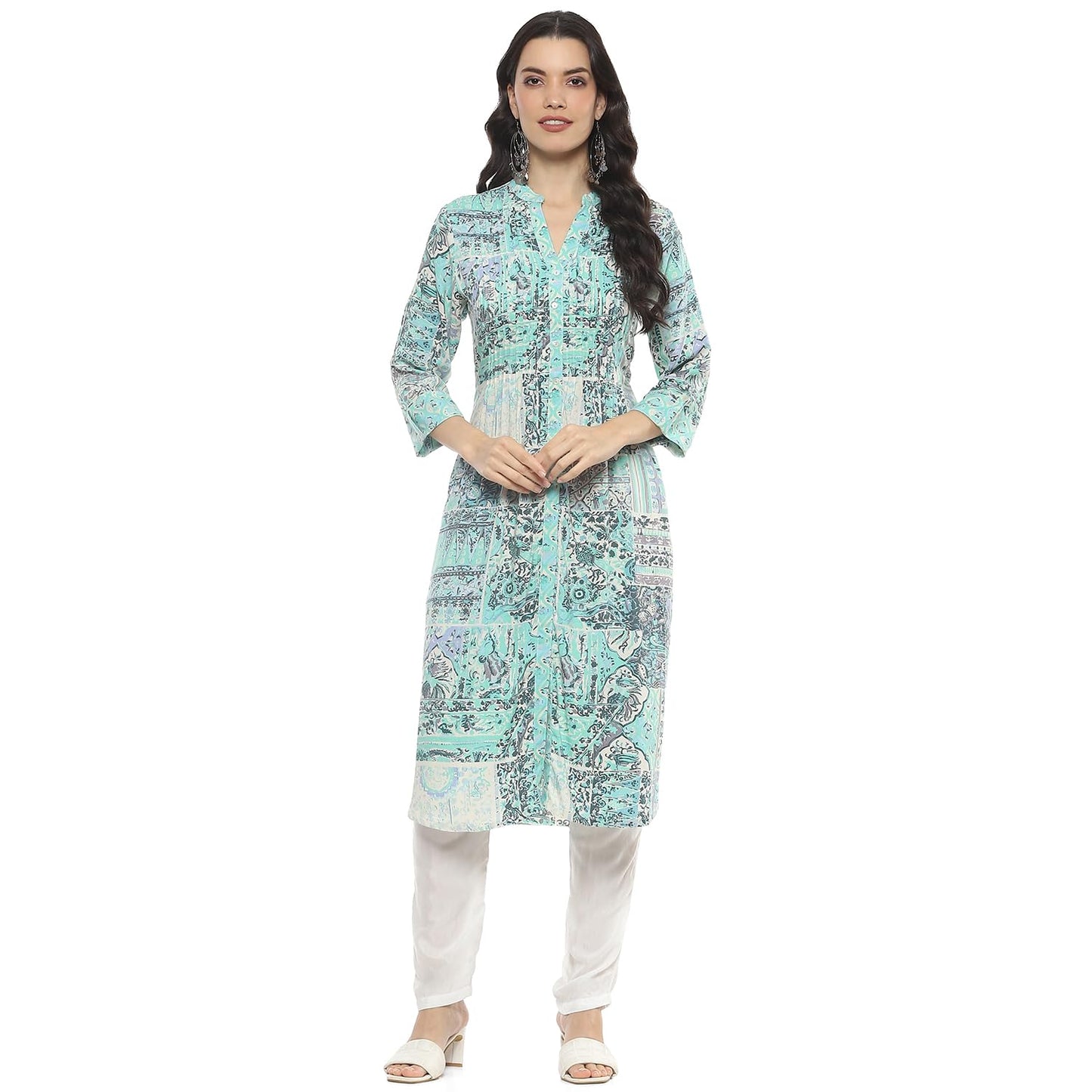 BIBA Regular Women Viscose Printed Kurti (SANGANERPATCHWORK20153SS24MINTBLU_Blue