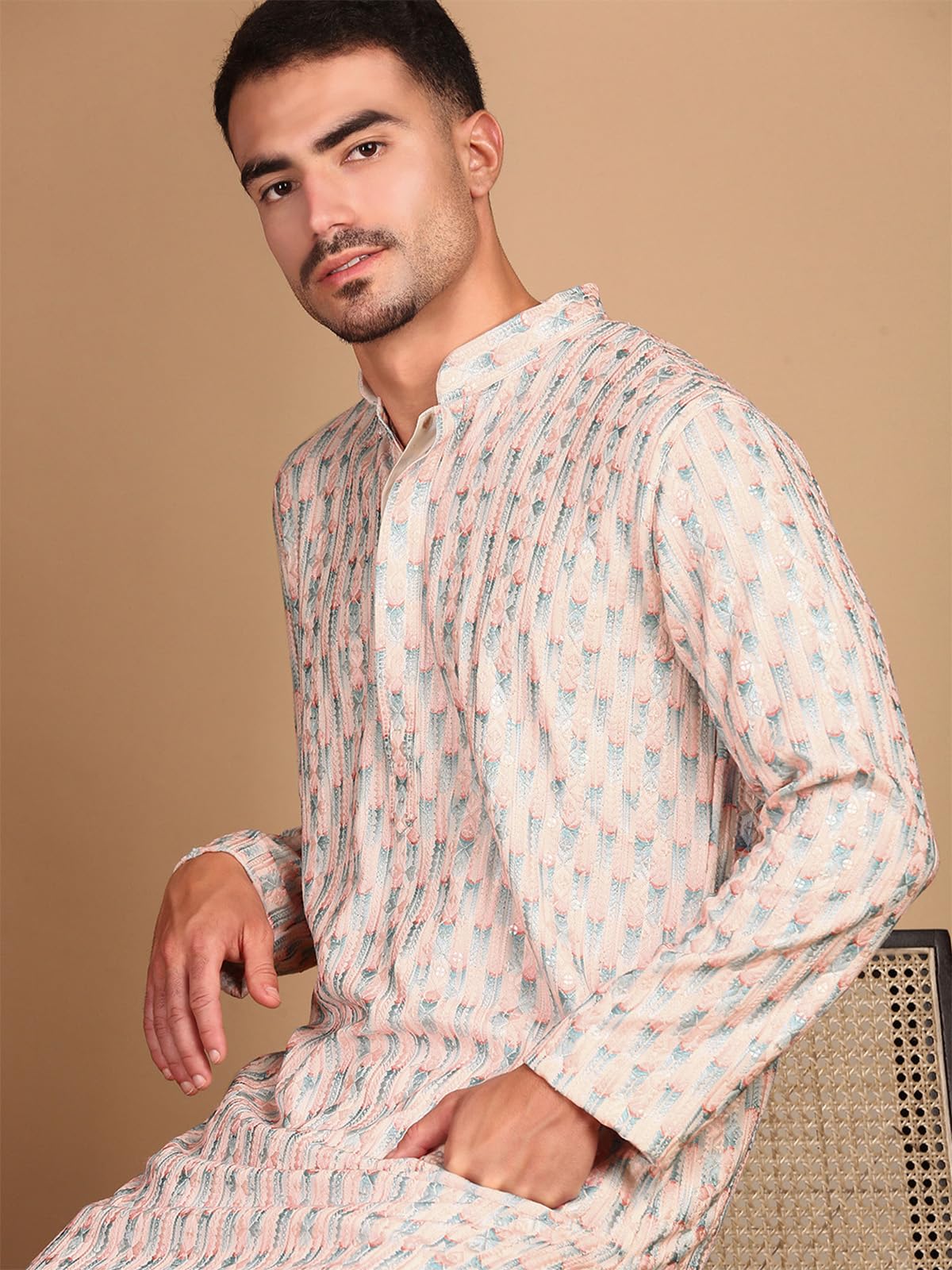 Sanwara Men's Cotton Floral Regular Kurta Set