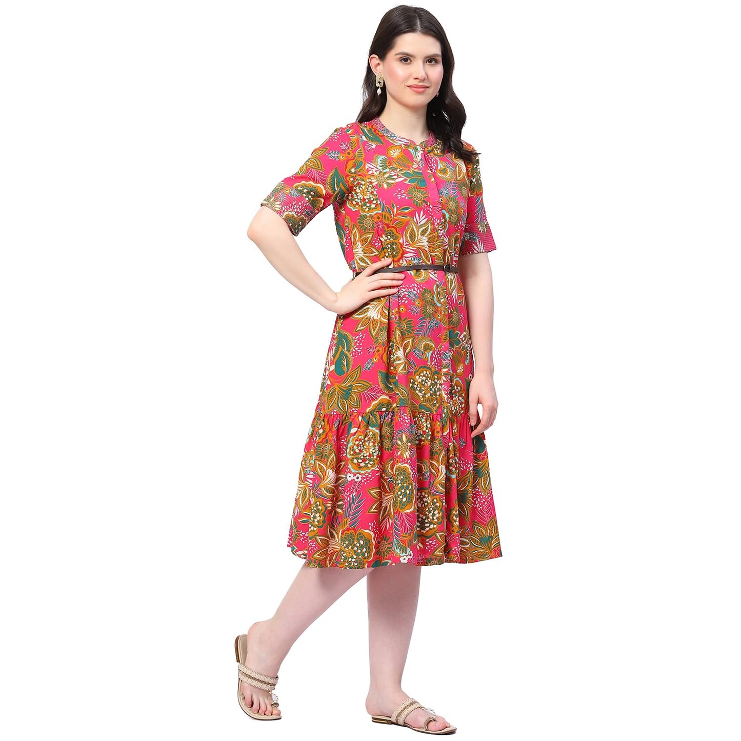 BIBA Women Printed Straight Calf Length Mix & Match (Casual D2162_Fuchsia_42, Dress)