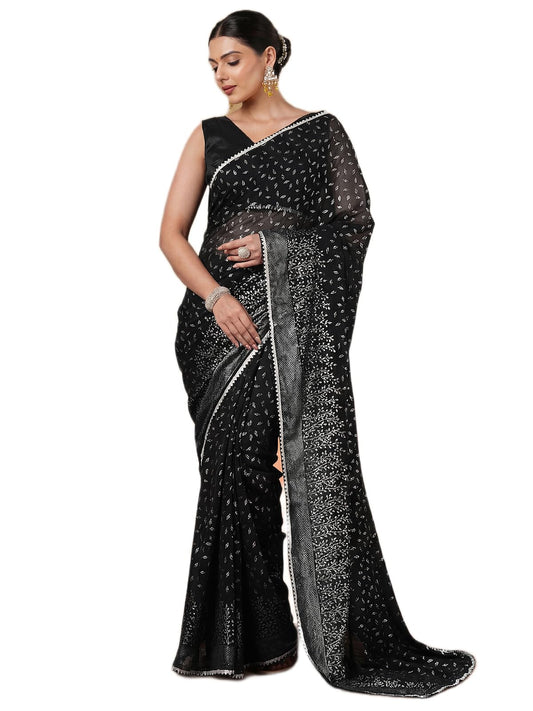 SIRIL Women's Georgette Gota Lace Foil Printed Saree with Unstitched Blouse Piece (4647S438A_Black)