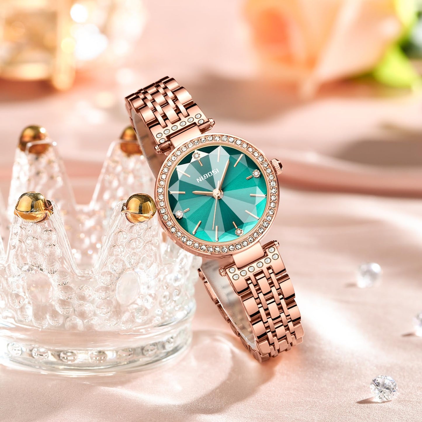 NIBOSI Women Stainless Steel Watches Analog Rose Gold Square Dial Women's Watch For Girls&Miss&Ladies Diamond Studded With Stylish Watches Waterproof, Band Color-Rose Gold