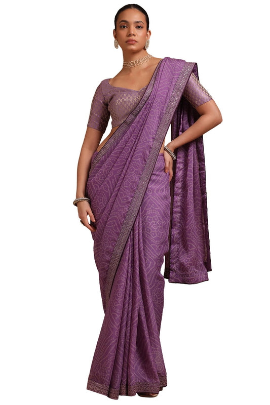 Soch Womens Lavender Chiffon Bandhani Print Saree