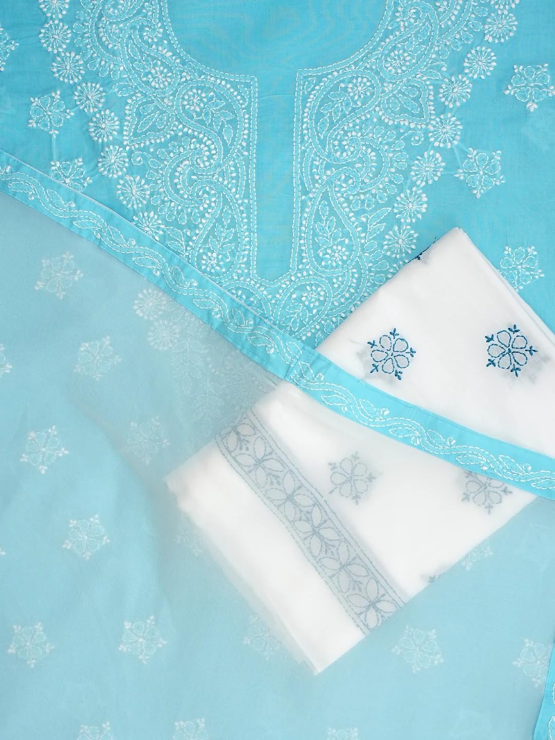 Ada Hand Embroidered Lucknowi Chikankari Unstitched Cotton Dress Material Suit Piece with Dupatta for Women A211362 Blue