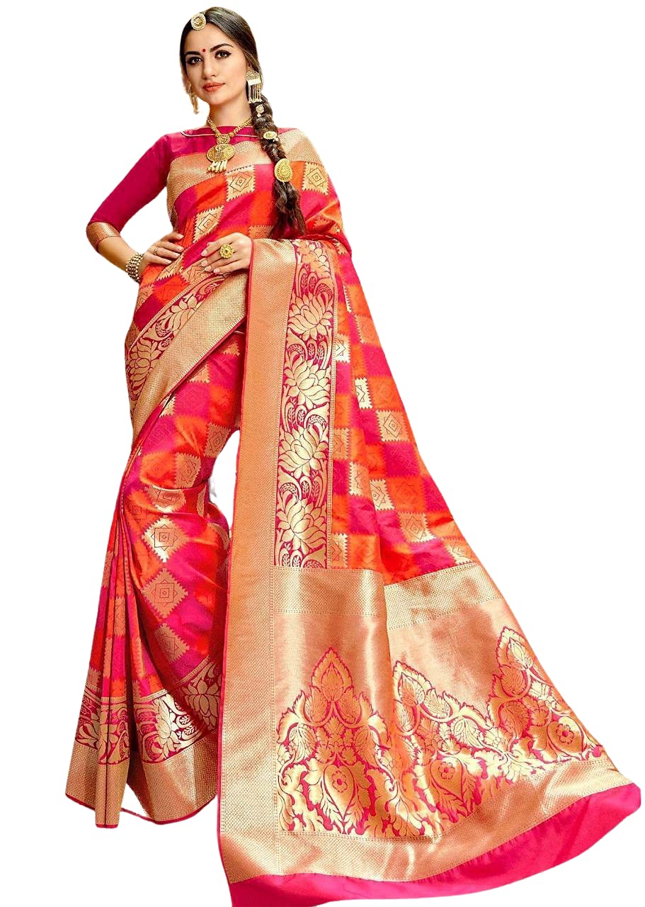SGF11 Women's Kanjivaram Soft Silk Saree With Blouse Piece (Orange, Pink, Golden)