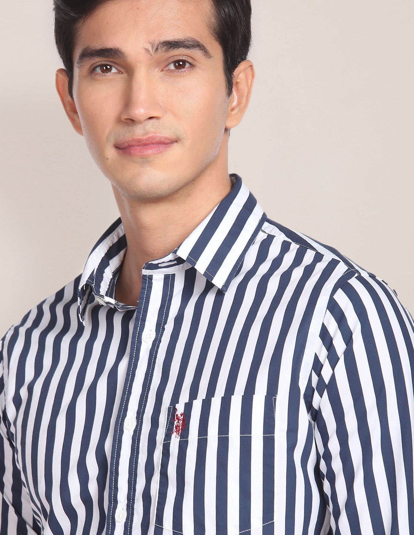 U.S. POLO ASSN. Mens Cotton Printed Stripe Fs Regular Fit Shirts (Usshtfx0072_Navy_Large)