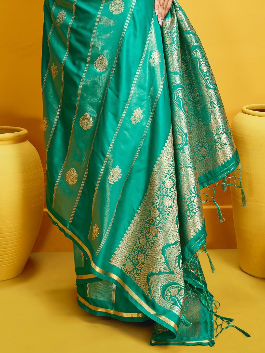 AKHILAM Women's Teal green Satin Ethnic Motif Print Tassels and Latkans Saree With Unstitched Blouse Piece | saree for woman | Designer Saree for Women