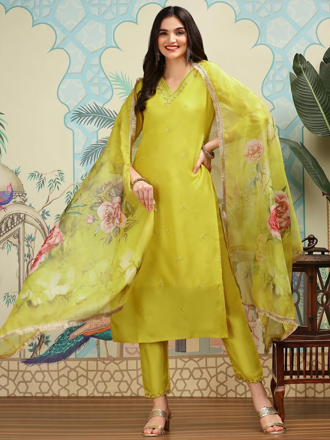 ishin Floral Embroidered V-Neck Three-Quarter Sleeves Silk Chiffon Kurta Set | Kurta set for women | Kurta with trousers and dupatta