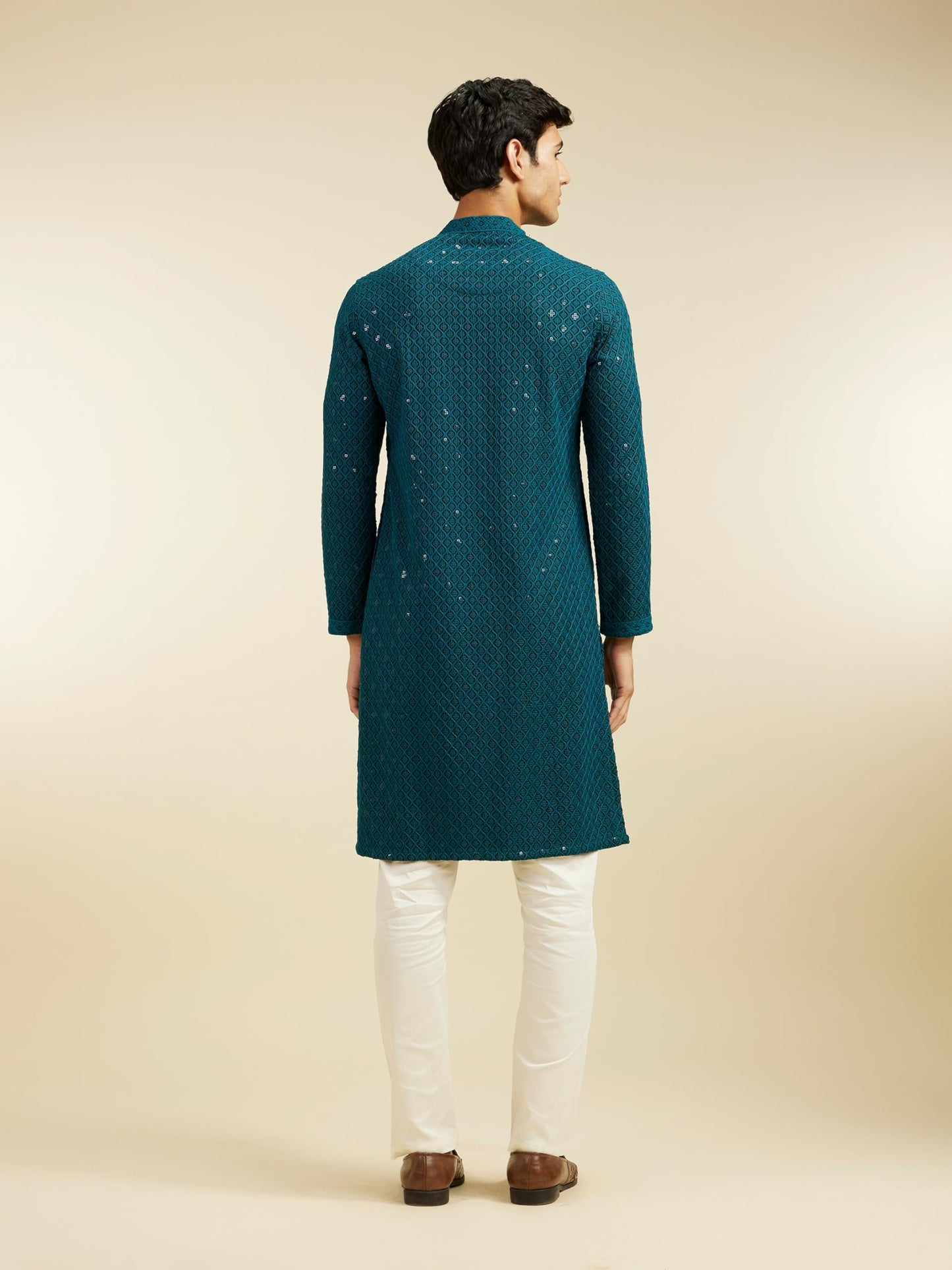 DIWAS BY MANYAVAR Men's Viscose Embroidery|Sequin Work Kurta Set (Teal Green,S)