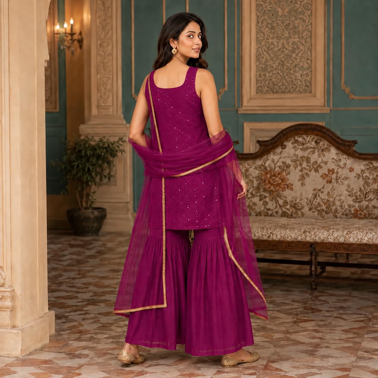 THIRD QUADRANT TQ Women's Rayon Blend Staright mirror work Kurta with Palazzo & Dupatta (IN, Alpha, M, purple)