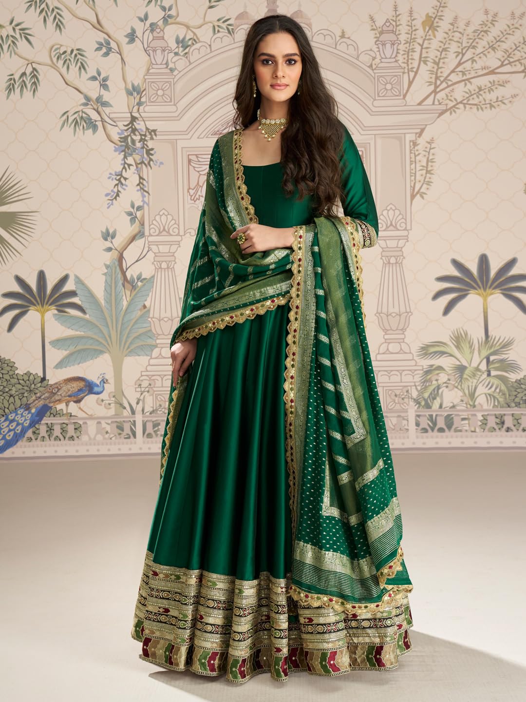 Green Vichitra Silk Sequins and Thread Zari Embroidery Work Gown with Banarasi Jacquard Dupatta (in, Alpha, L, Regular)