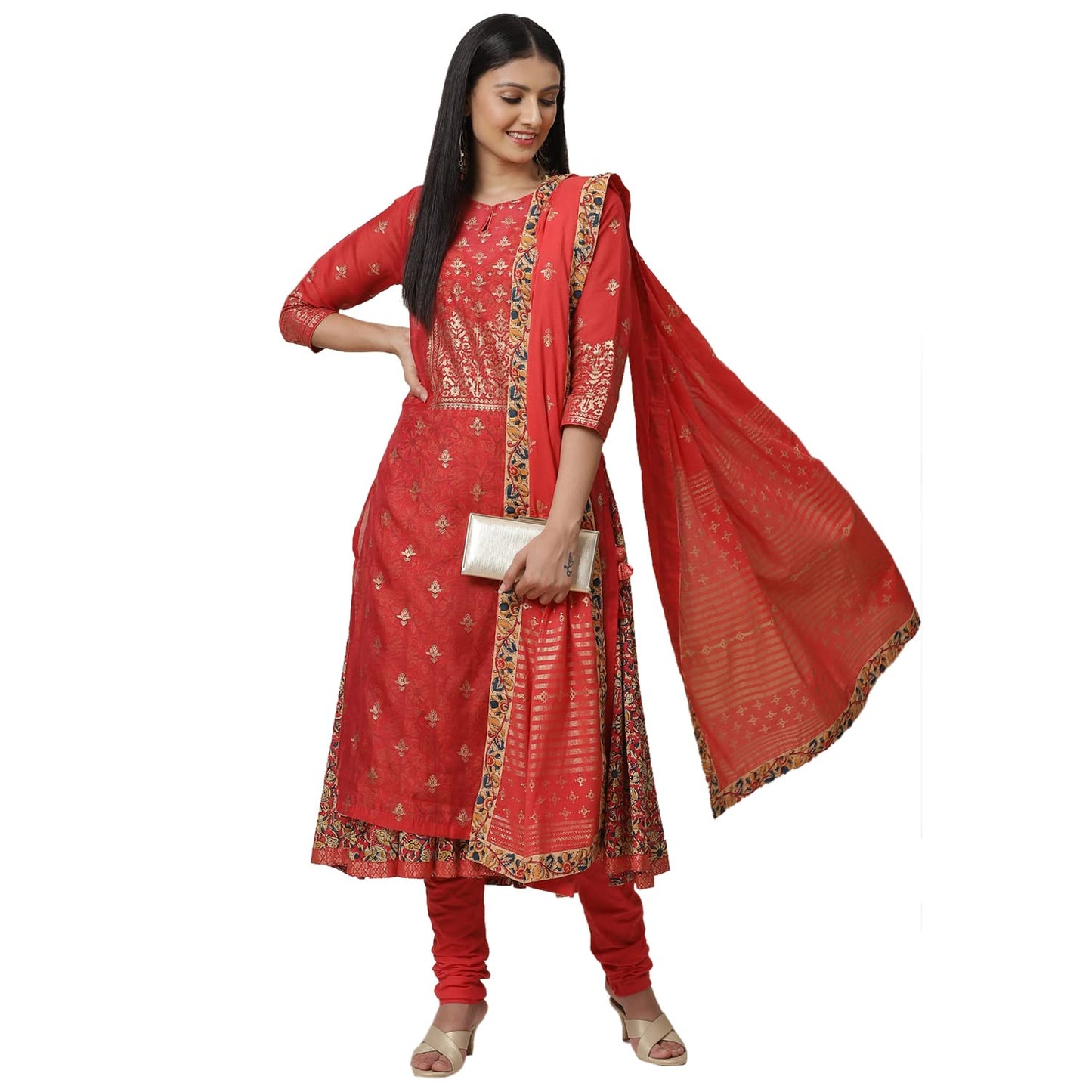 BIBA Women Printed Fitted Polyester Salwar Kurta Dupatta(Skddurgotsa7567_Red_34)