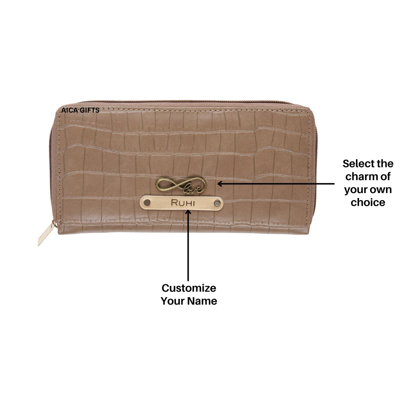 AICA Personalized Name & Charm Women Leather Wallet (Brown) | Customized Corporate Gifts for Birthday Bday Woman Womens Day Girls Girl Office Employee Client Boss Manager | Corporate Gift Items Bulk