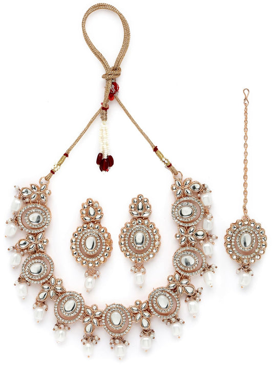 Sukkhi Traditional Gold Plated AD Stone Collar Bone Necklace Set With Earring And Maangtika | Jewellery Set For Women (NS105700)