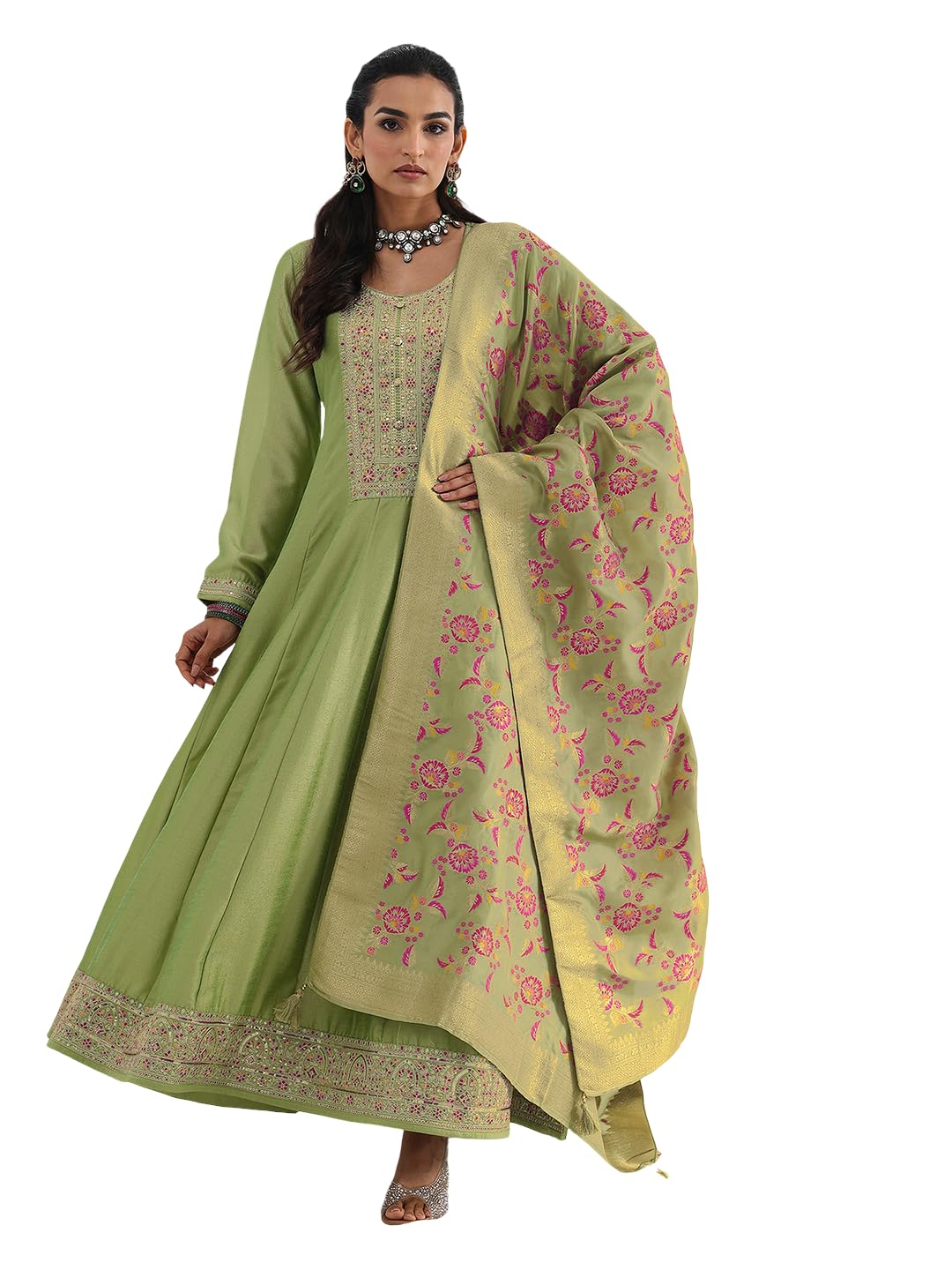 Libas Embroidered Silk Blend A-Line Ethnic Dress with Dupatta-93632L
