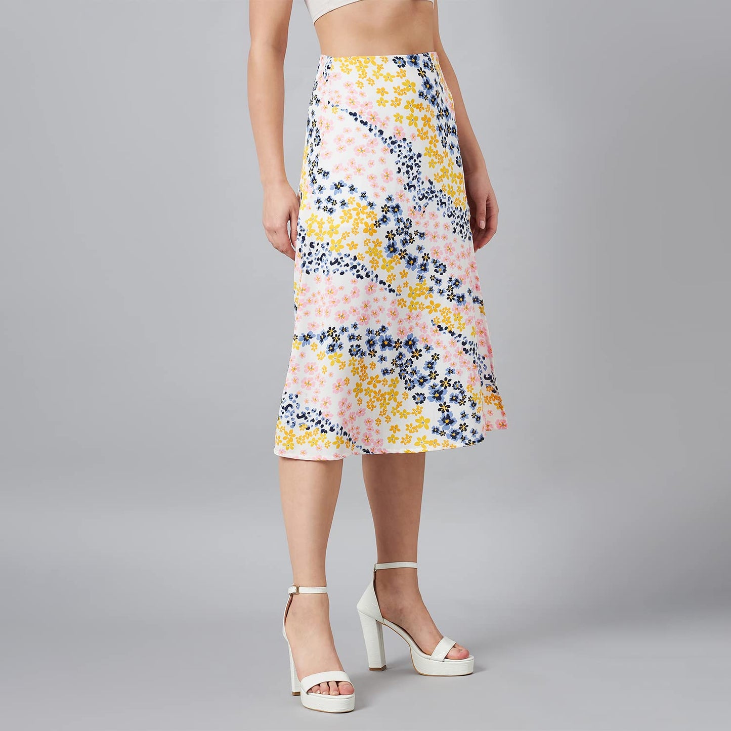 Marie Claire Women Casual White Colour Floral A-Line Skirt (MC2382_White_L)