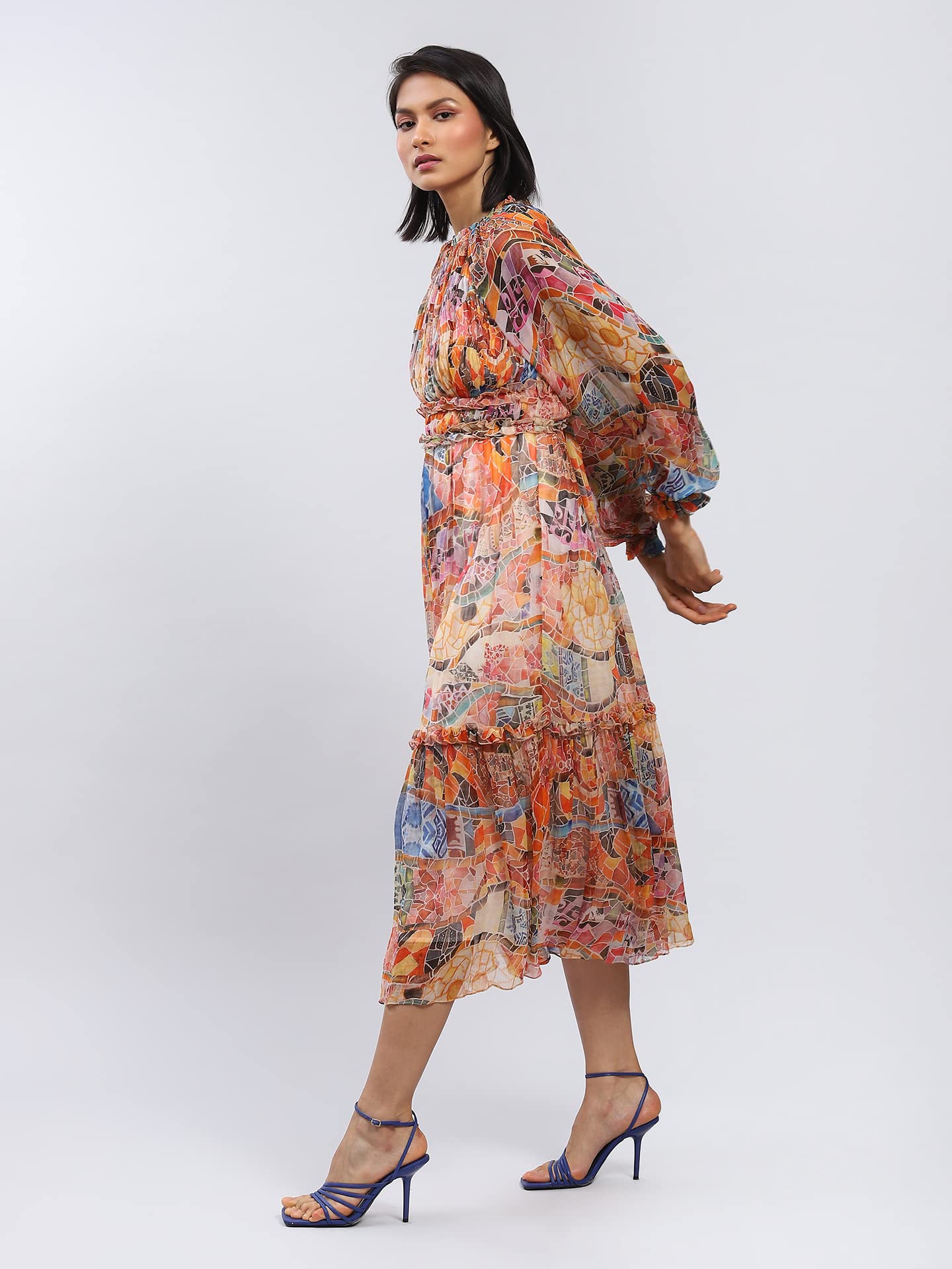 Label RITU KUMAR Round Neck Full Sleeves Long Dress Multicolour