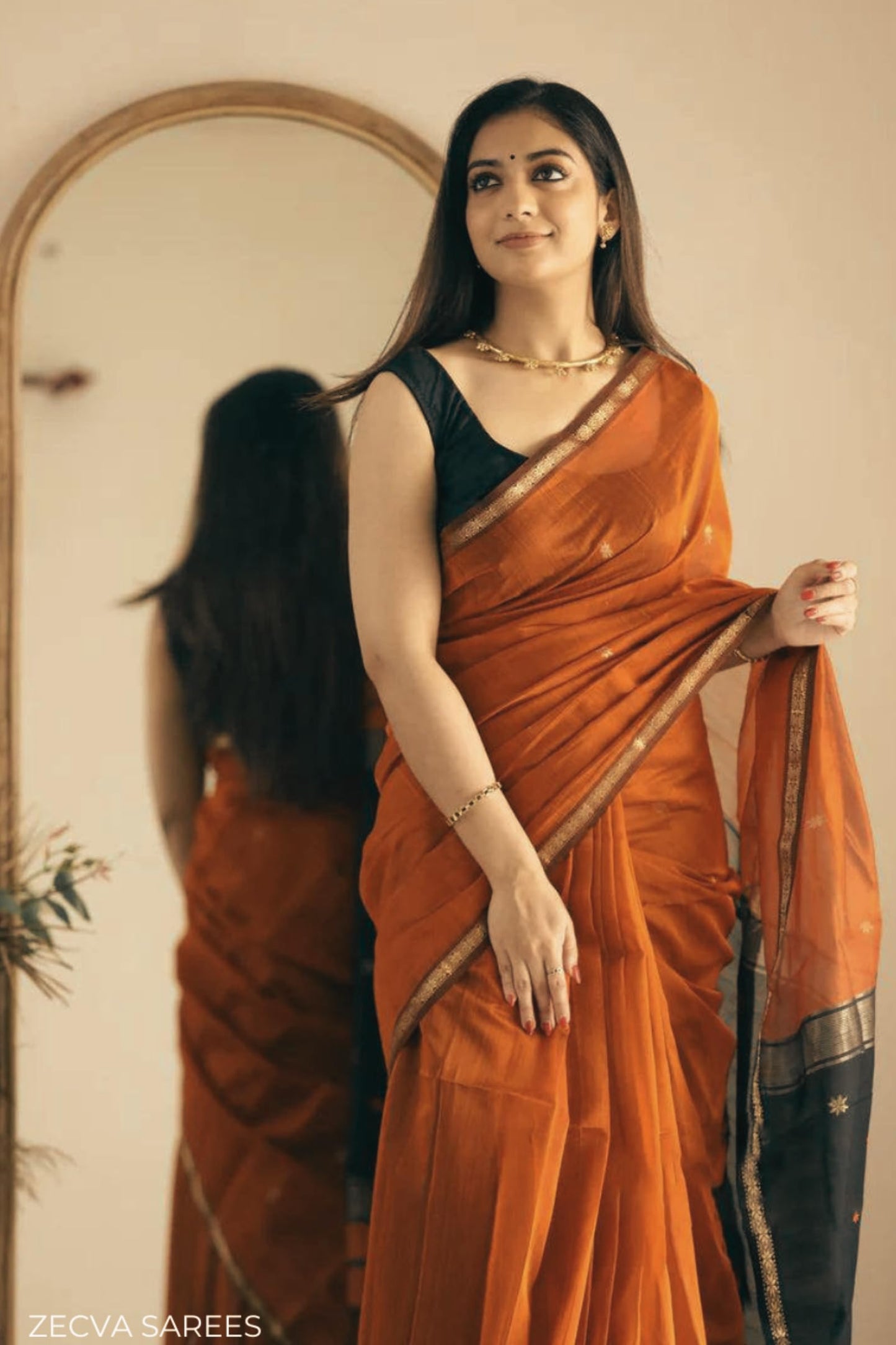 ZECVA Women's Pure Spun Linen Cotton Lichi Silk Saree With Attach Unstitch Blouse Piece (DARK ORANGE BLACK)