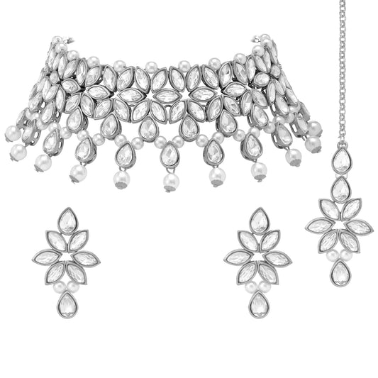 Peora Silver Plated Crystal & Beads Studded Necklace Earrings Maangtikka Set Ethnic Jewellery for Women