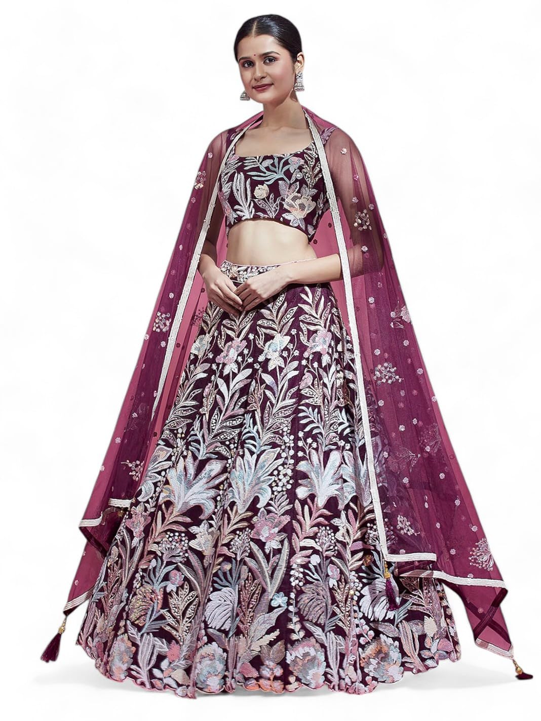 Zeel Clothing Women's Net Sequins Embroidered Soft Net Semi Stitched Lehenga Choli With Dupatta (6032-Wine-Wedding-Stylish-Lehenga-Choli-Latest; Free Size), Multicolor