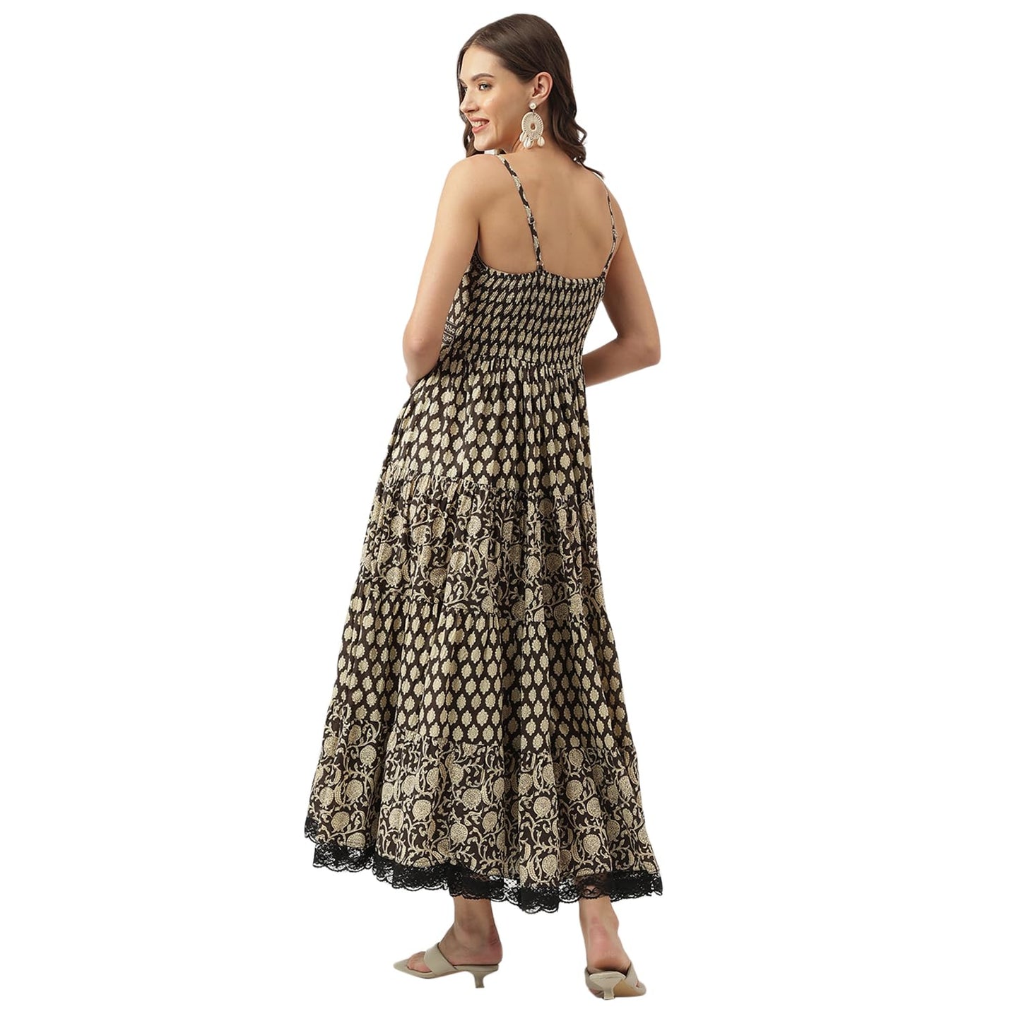 Divena Floral Printed Cotton Empire Ethnic Dress Black