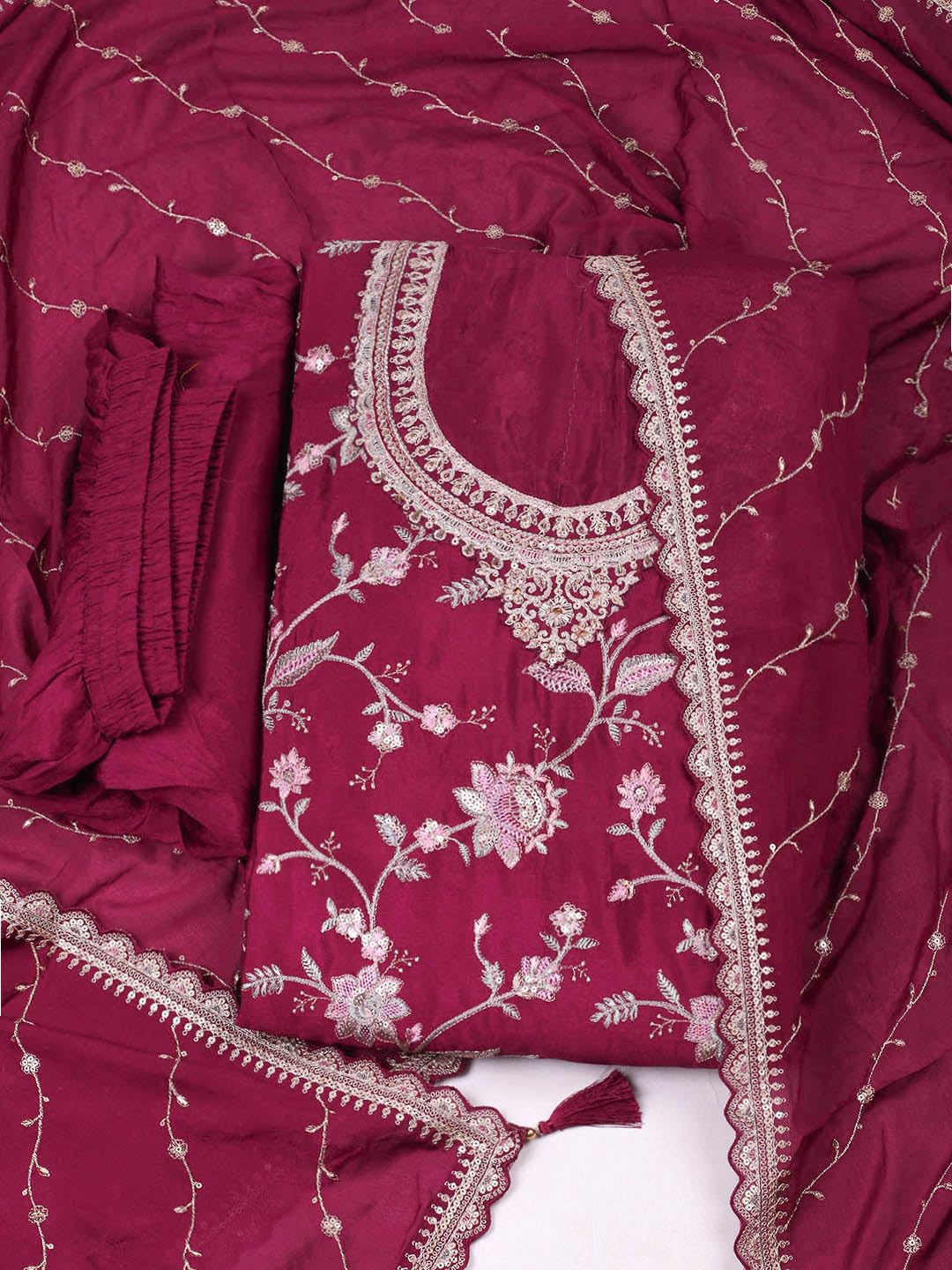 Meena Bazaar Wine Embroidered Salwar Suit Dress Material