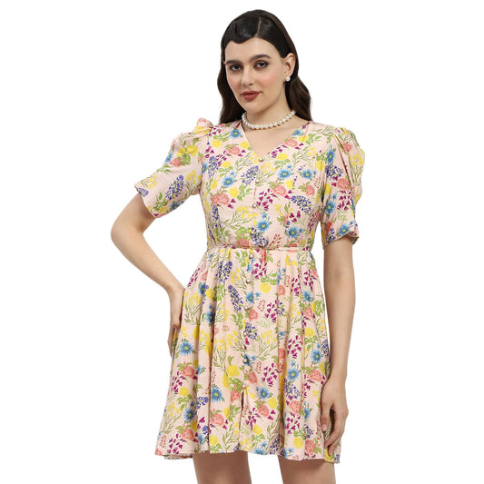 Madame Bridgerton Floral Print Waist Tie Rayon Midi Dress Off White