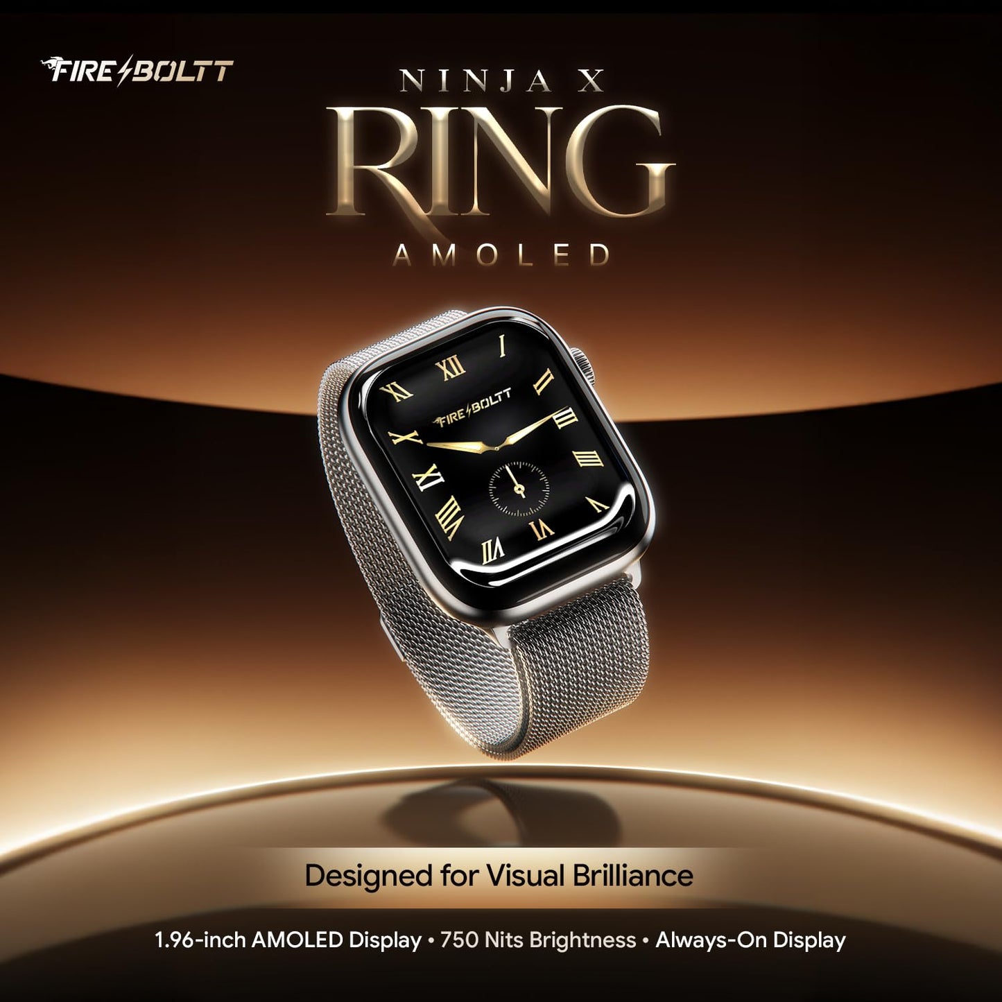 Fire-Boltt Ninja X Ring Smart Watch 1.96" Always On Display Bluetooth Calling, Voice Assistant, SpO2 & Heart Rate, 120+ Sports Modes, IP67 Waterproof Smartwatch for Men & Women - Silver Link