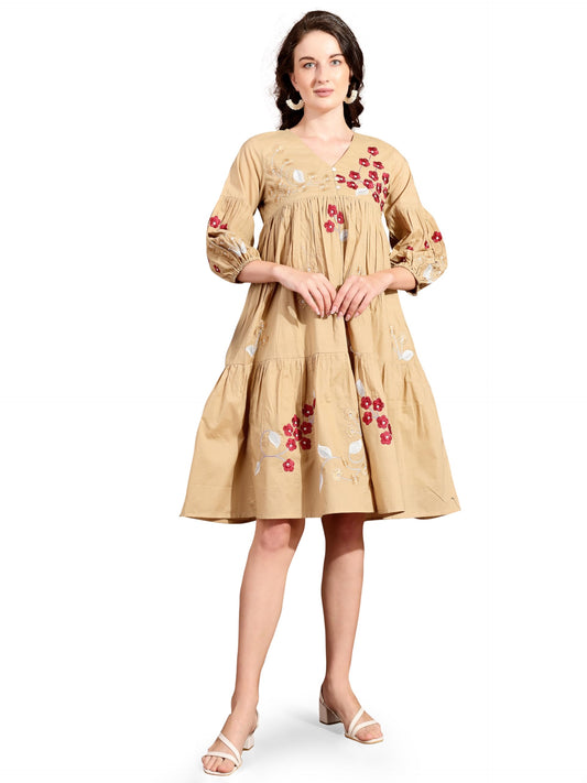 Womanista Women's Beige Cotton with All Over Embroidery V-Neck Tiered Ethnic Dress Knee Length (ETHNICDRESS_106 M)