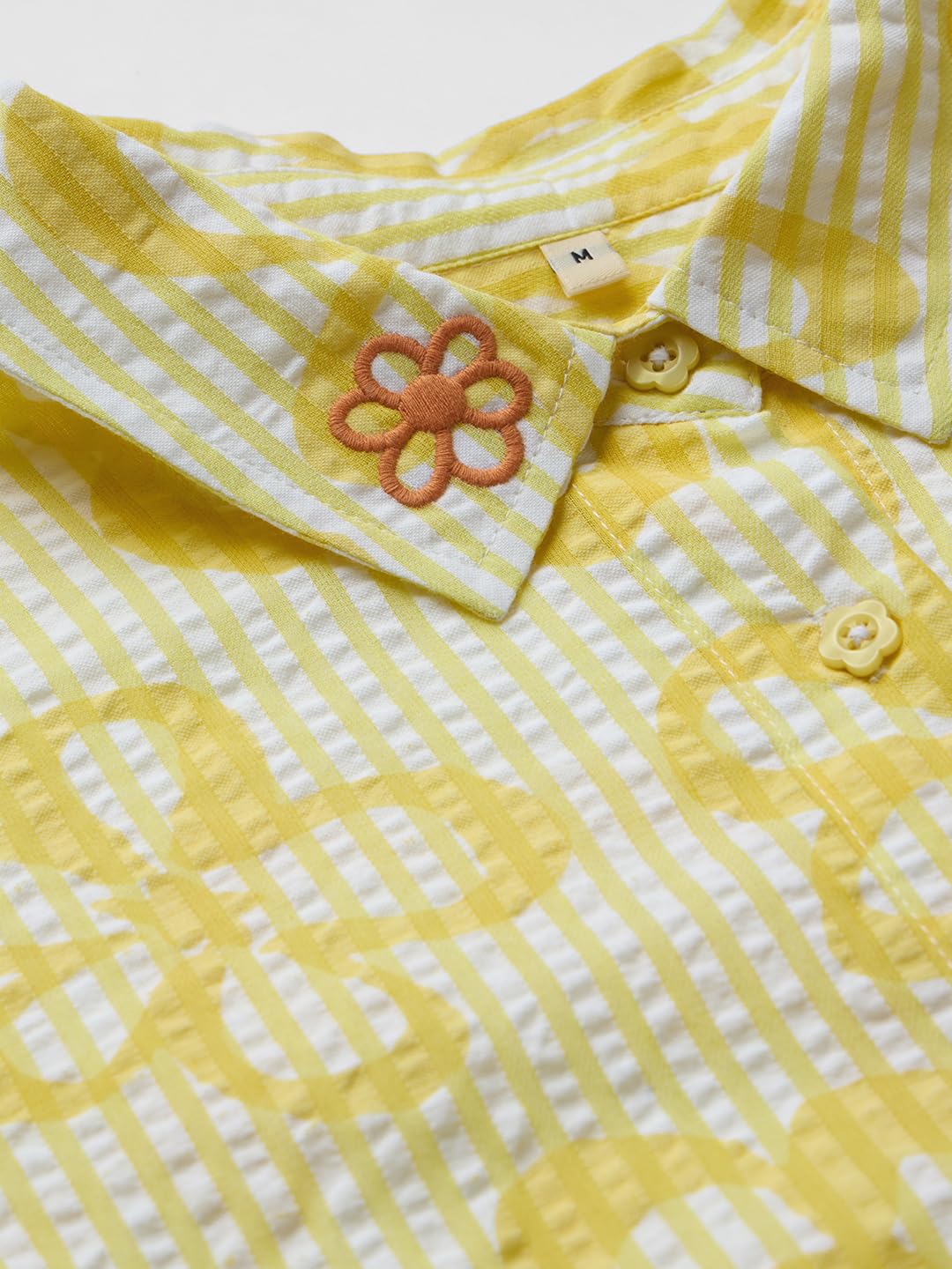 The Souled Store Hello Sunshine Women and Girls Long Sleeves Collared Neck Button Front Yellow Embroidered Cotton Boyfriend Shirts