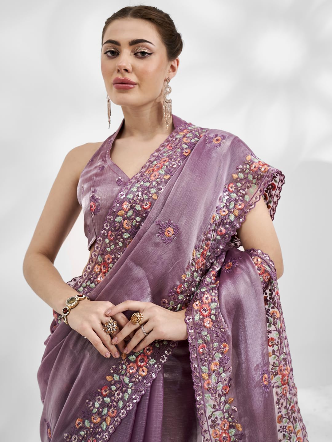 ORHANS Women's Tissu Thread Embroidered Work Saree With Art Silk Matching Unstitched Blouse Piece