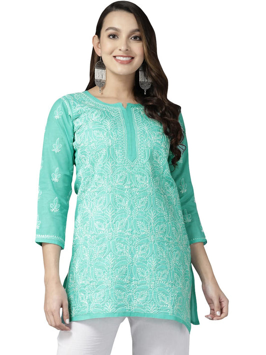 Ada Lucknowi Hand Embroidered Chikankari Sea Green Cotton Top Tunic Kurti for Women A911282 (XL)
