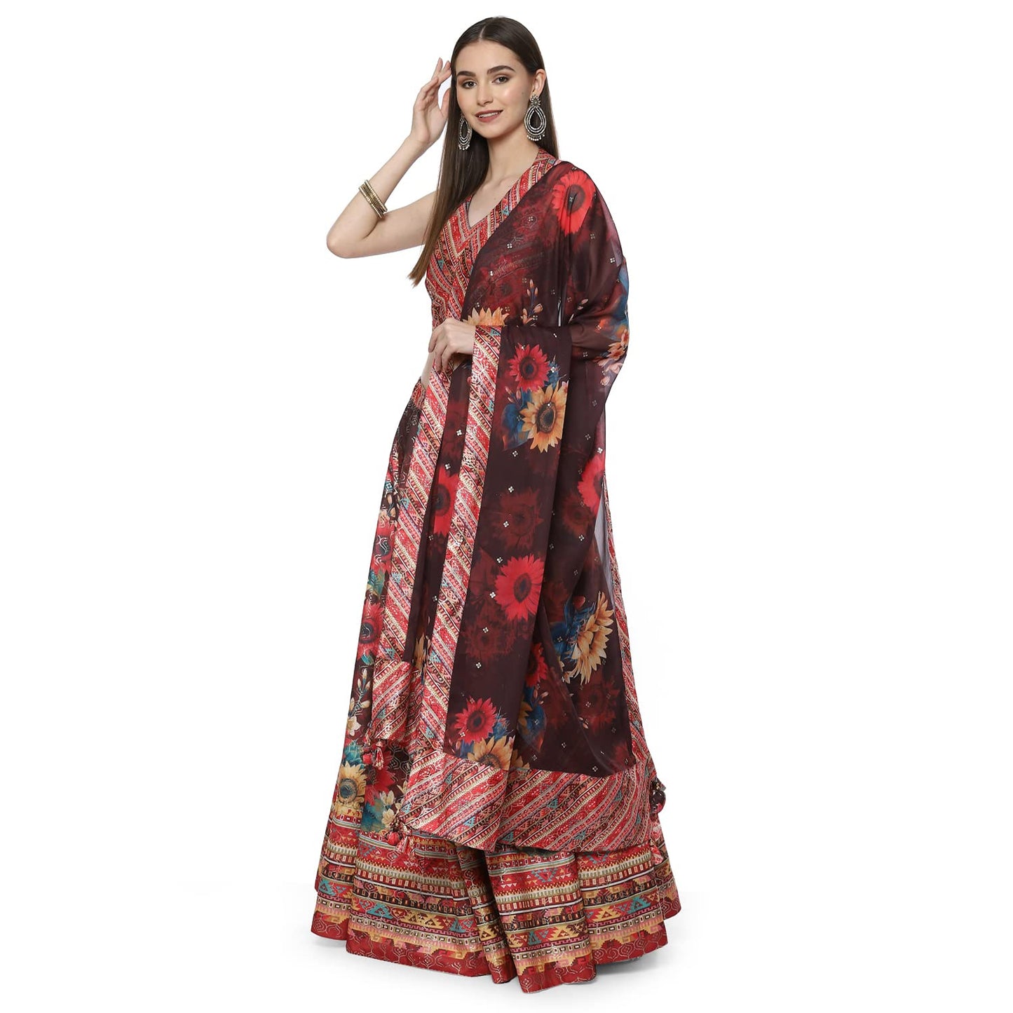 BIBA WOMEN PRINTED FLARED SALWAR KURTA DUPATTA(SKDASSORTED8199_CHOCO BROWN_38)