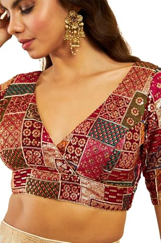 Soch Womens Maroon Tussar Sequin Embroidered V-Neck Back-Open Blouse