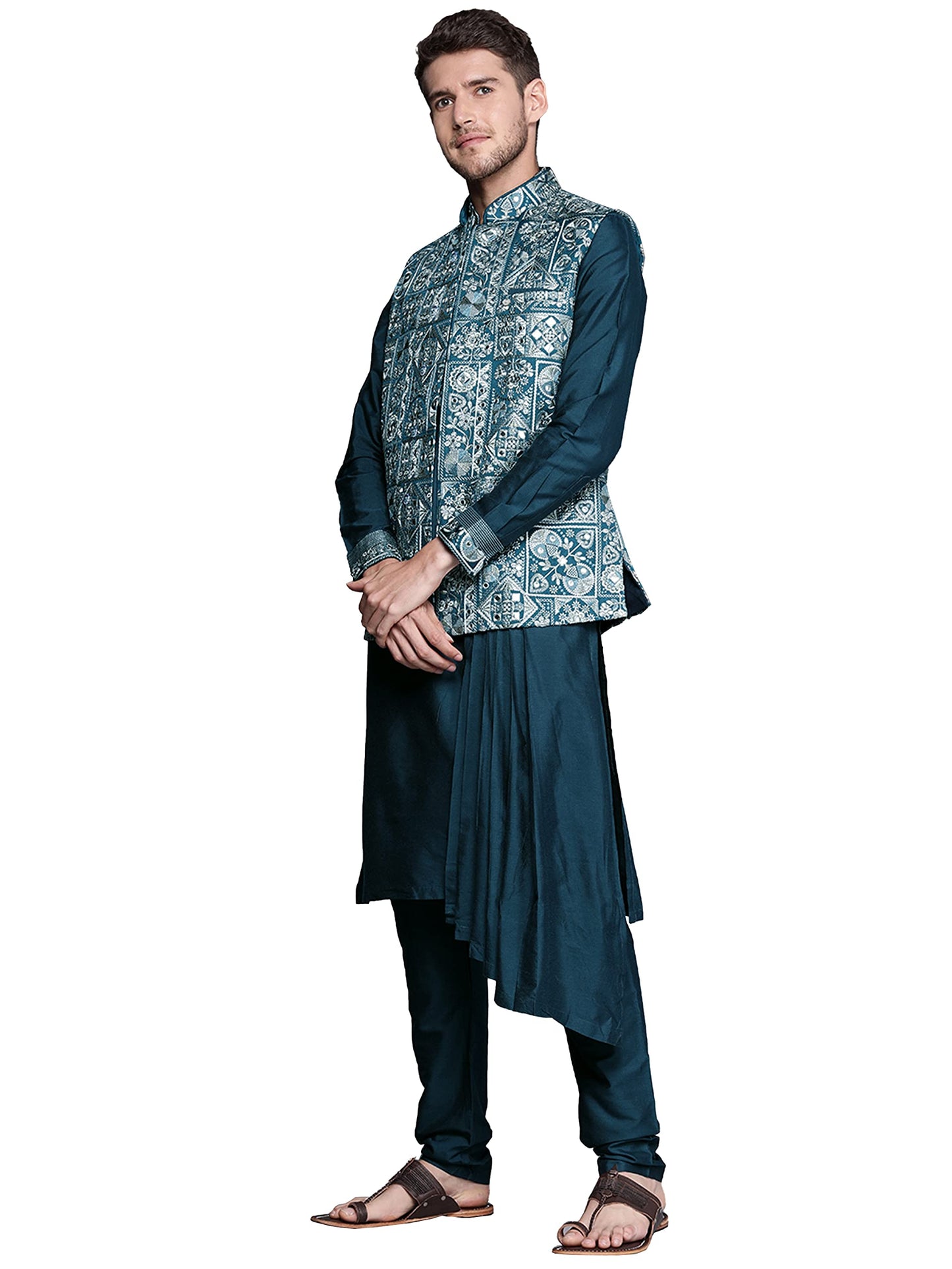 Manyavar Kurta Jacket Set for Men, Full Sleeves Mandarin Collar Ethnic Wear Jacket Set for Festival, Wedding, Party Blended Viscose (Blue, XL)