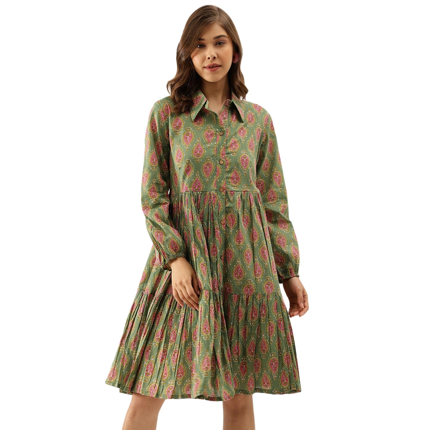 Divena Green Paisley Printed Cotton Dress for Women