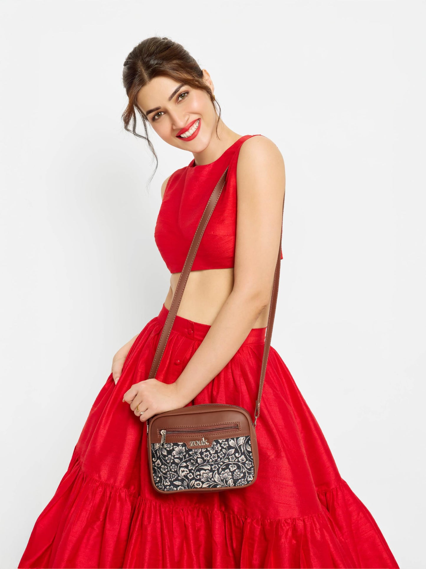 ZOUK Handmade Vegan Leather FloMotif Print Women's Sling Bags With Adjustable Shoulder Strap