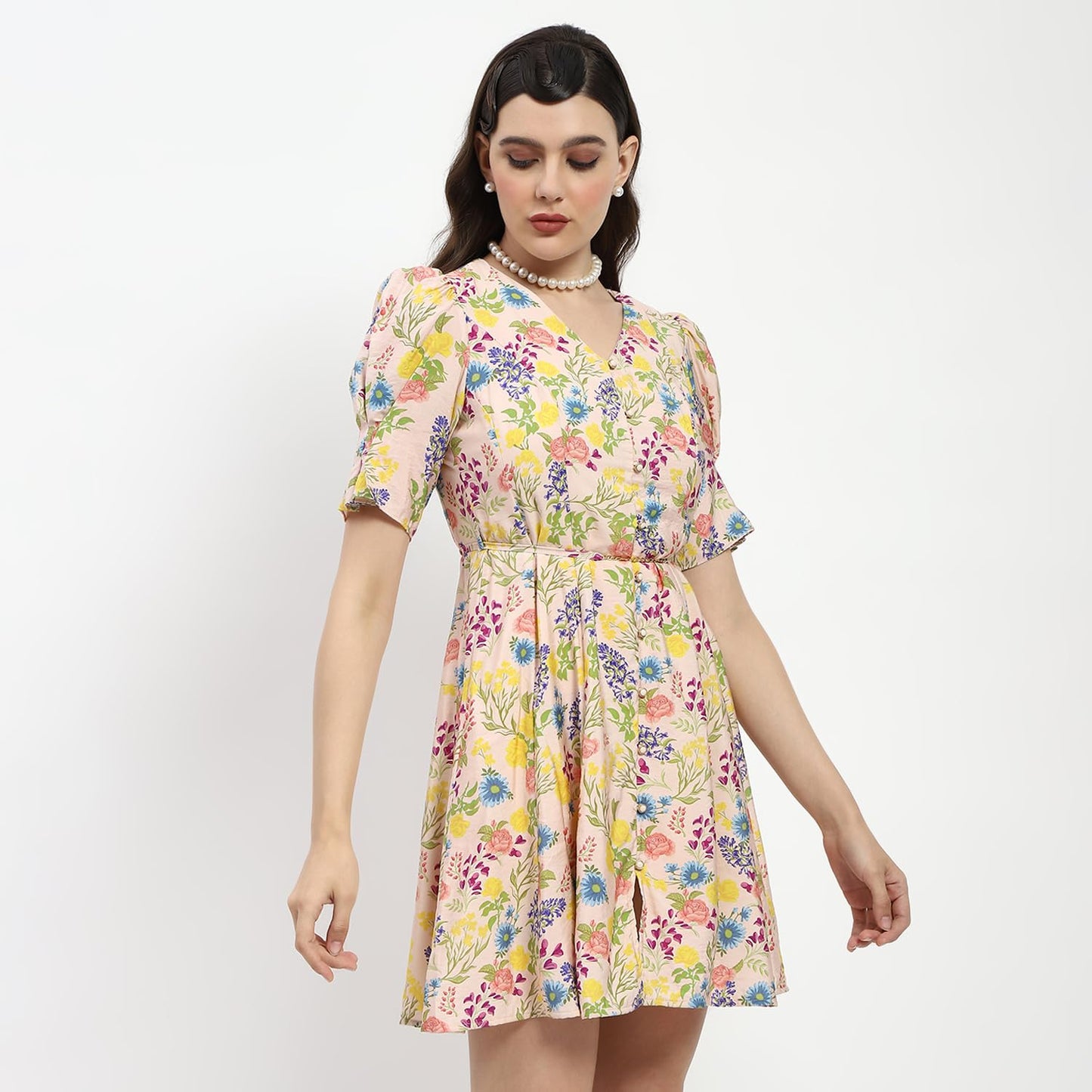 Madame Bridgerton Floral Print Waist Tie Rayon Midi Dress Off White