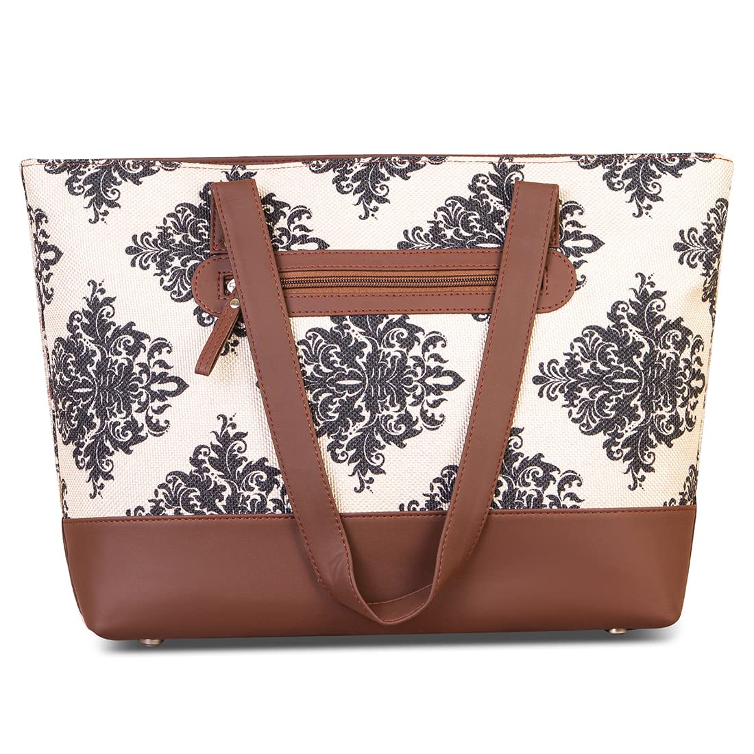 ZOUK Women's Handcrafted Cream and Black Mughal Motif Tote Bag and Handbag for Office and College