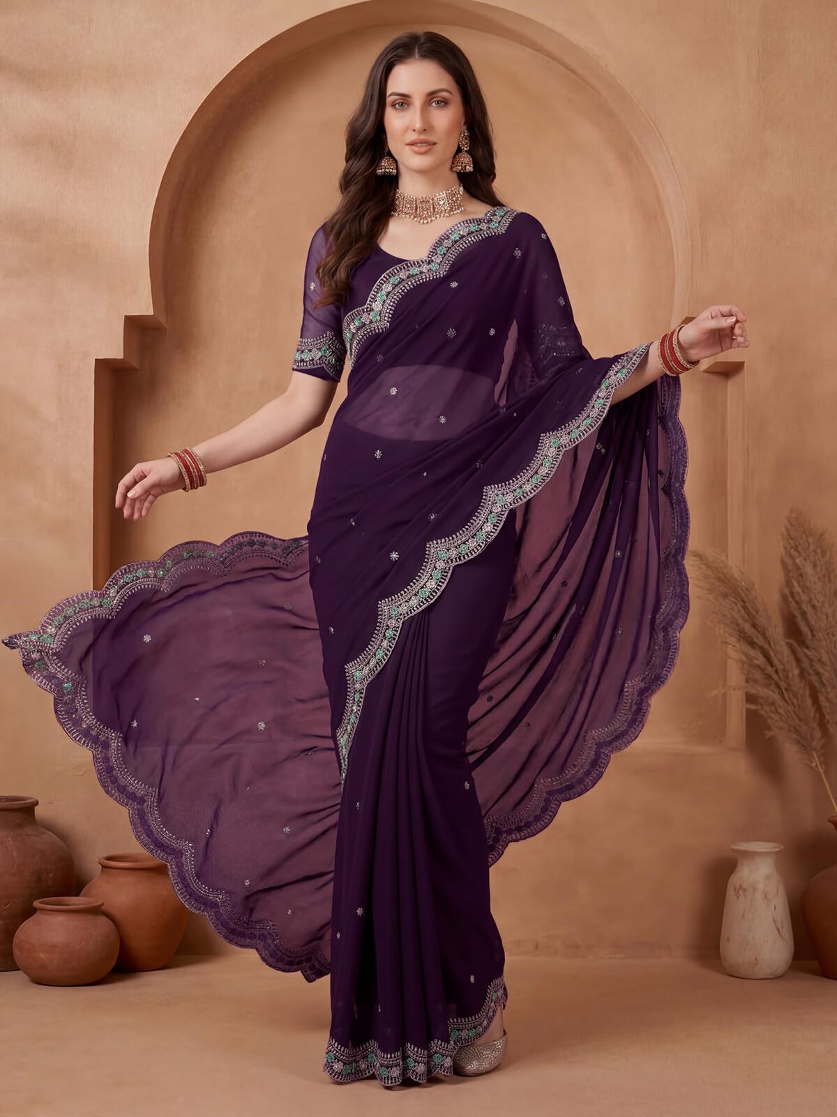 SIRIL Women's Chiffon Scalloped Border Embellished Sequins Embroidery Saree with Unstitched Blouse Piece (4995S1166A_Dark Wine)