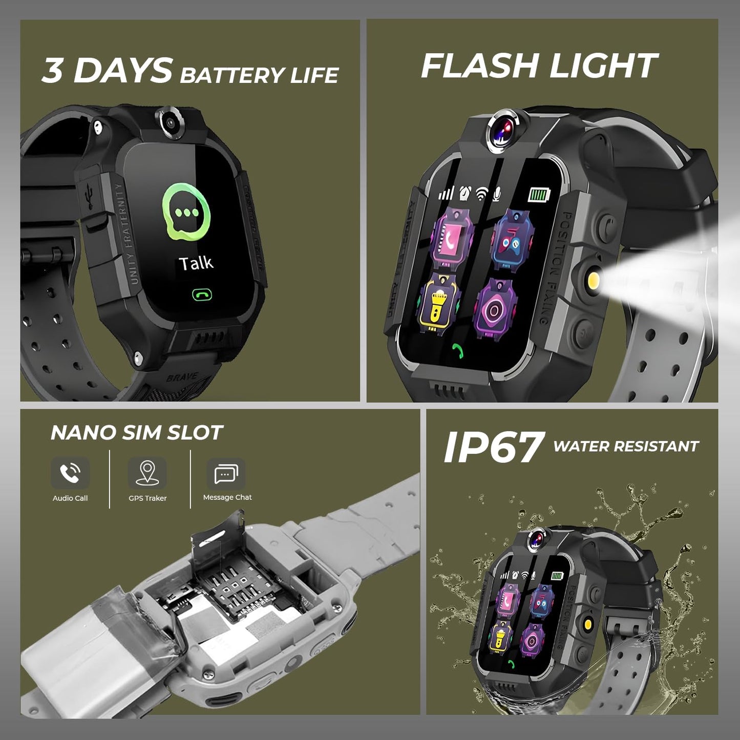 GameSir Kids Smartwatch for Boys & Girls, Men & Women, Sim Card Support, Location Tracker/GPS System, Music Player, Camera, Video,Notification, Alarm, Waterproof, Calling Smart Watch-Black
