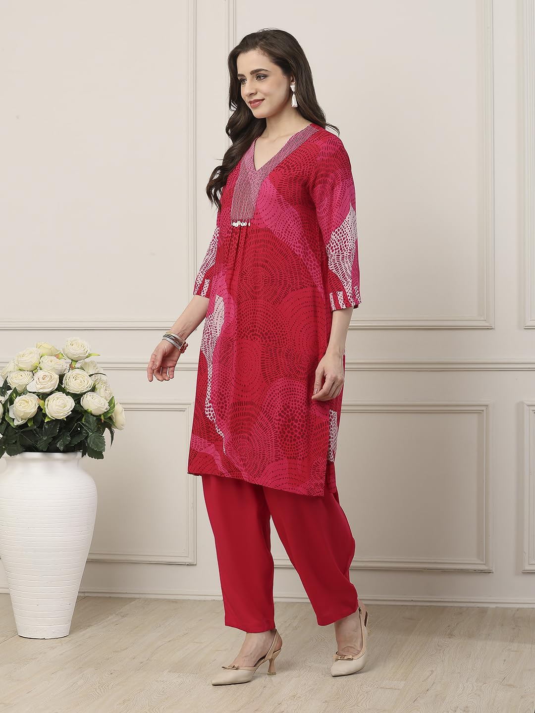 Biba Women Pink Viscose Rayon Straight Suit Set_34
