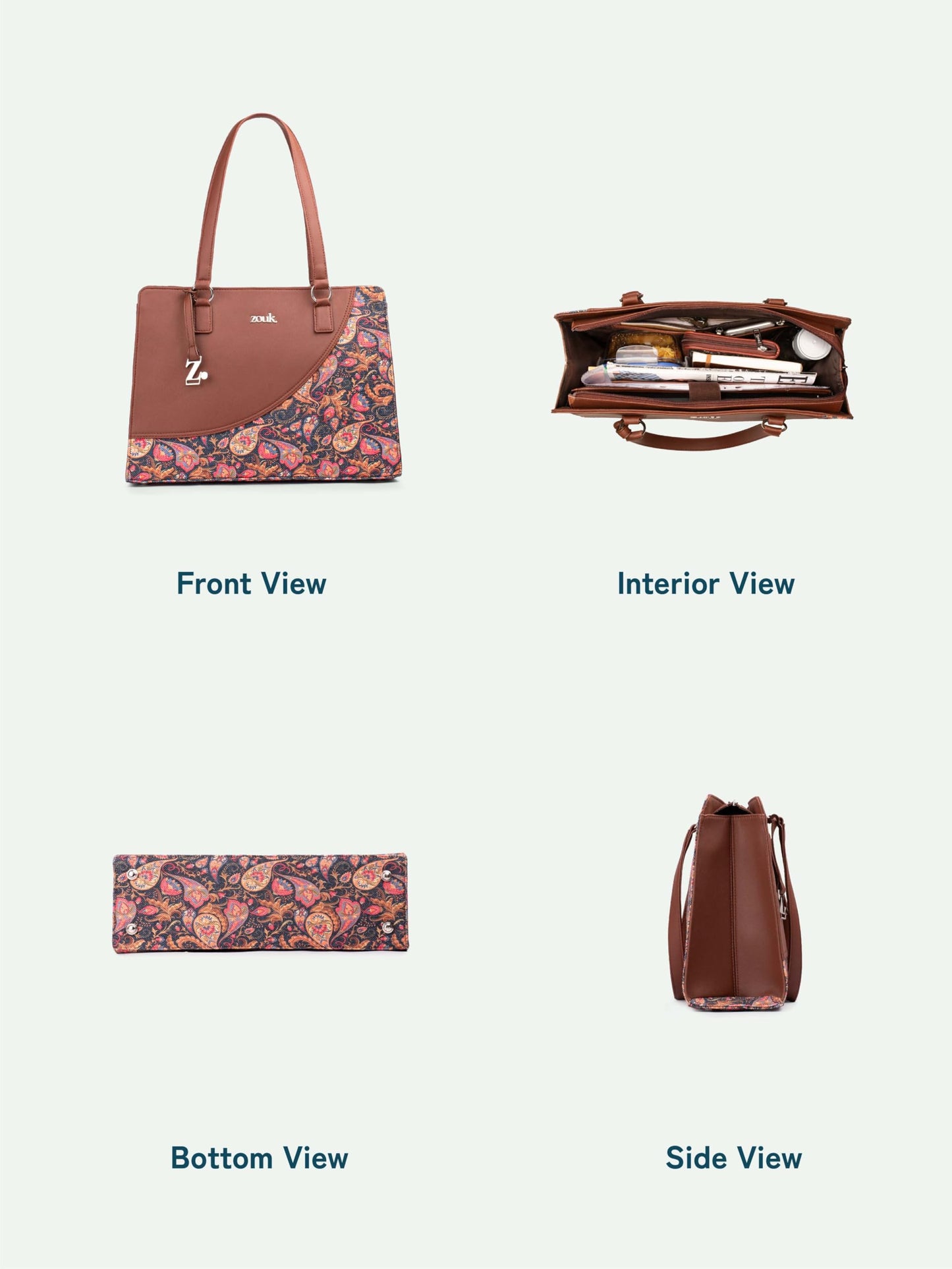 ZOUK Paisley Print Office Essential Bag | Jute | Vegan Leather Handcrafted Tote Bag With Double Handle Shoulder Strap| Pink