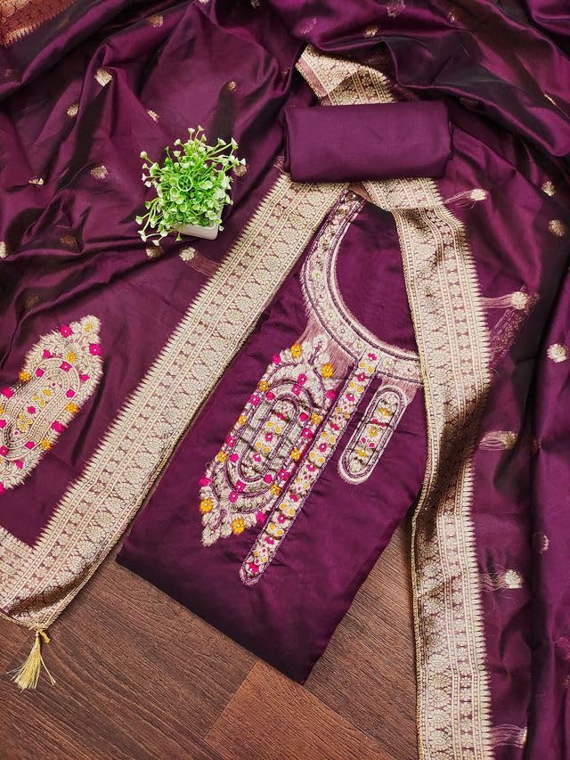 VARNI FABRICS Jacquard with Handwork Dress Material for Women Solid Unstitched Woman Salwar Suit Dress Material with Jacquard Dupatta Deep Purple