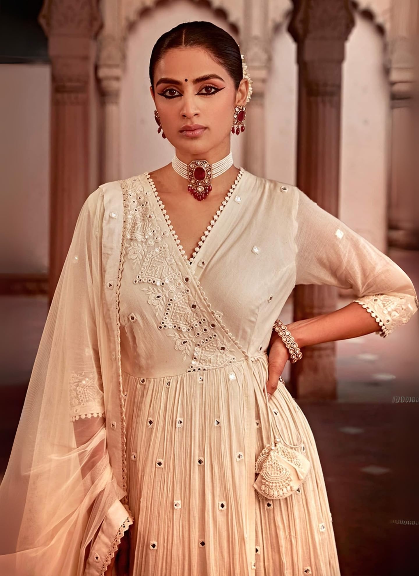 Elegant White Pure Cotton Angrakha Anarkali with Foil Mirror and Thread Embroidery Work