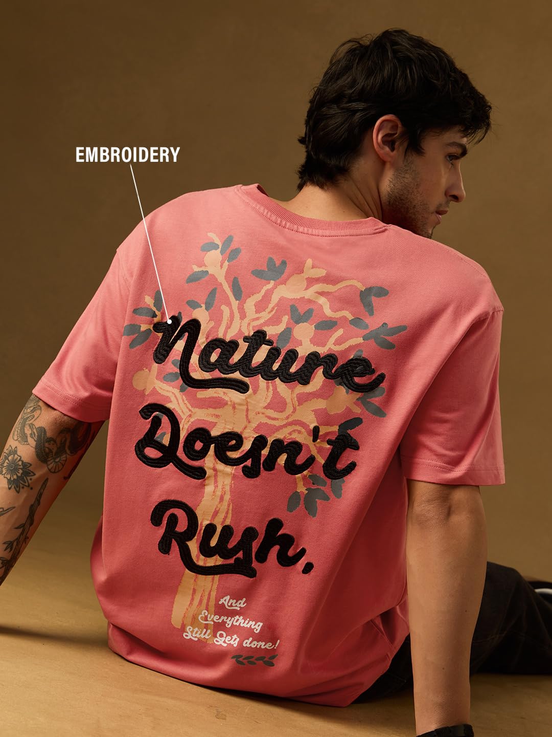 The Souled Store Slow Down Men and Boys Short Sleeves Round Neck Pink Embroidered Cotton Oversized T-Shirts