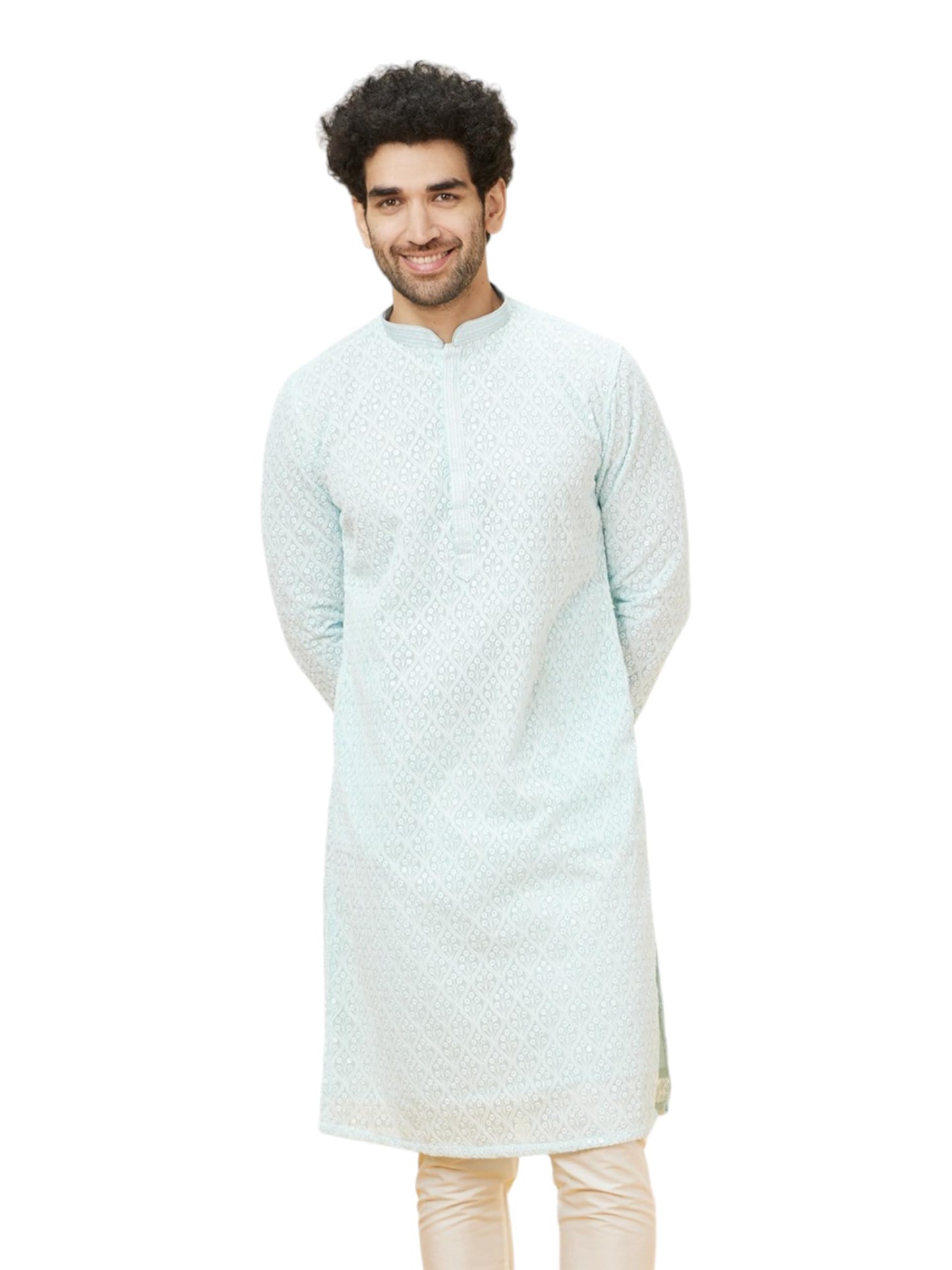 Manyavar Men's Blue Georgette Embroidered Kurta Pyjama Set