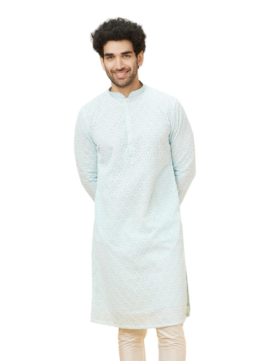 Manyavar Men's Blue Georgette Embroidered Kurta Pyjama Set
