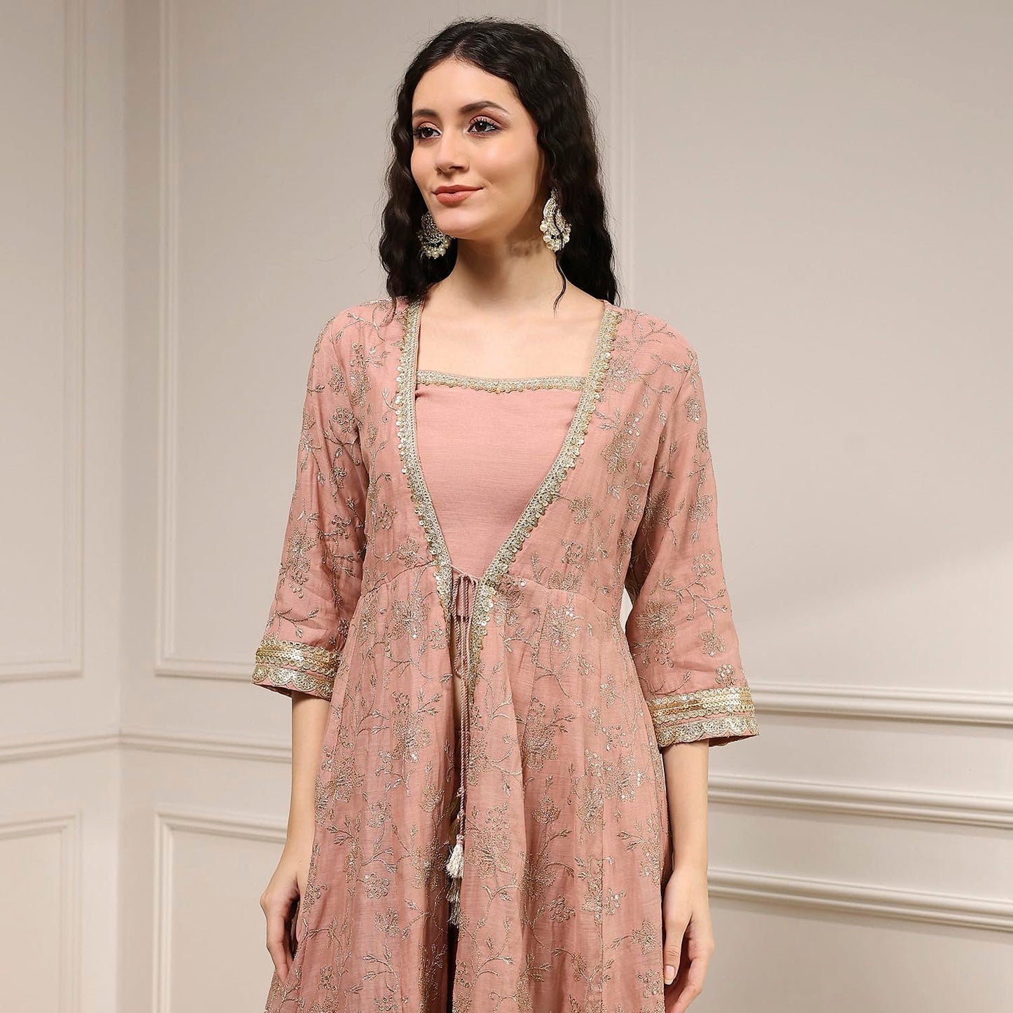 Biba Women's Old Rose Chanderi Anarkali Dyed Fusion Set